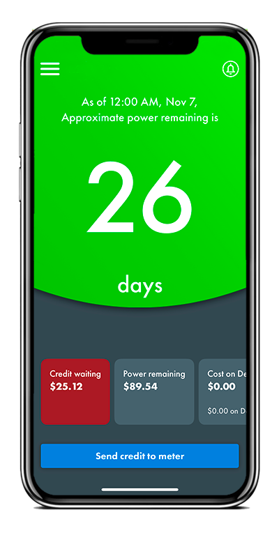 The MPower app screen indicating 12 days of power left. The screen is green. 